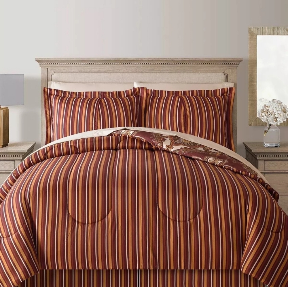 Lanwood Odyssey Red Scroll/Stripe Reversible 8pc Comforter Set Queen Wine Red